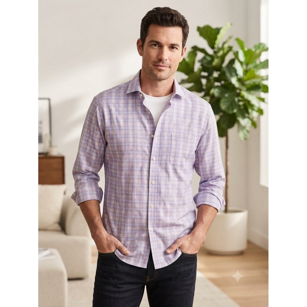 Peter Millar‎ Button Down Men Large Blue Plaid Performance Stretch MS25W12LTS